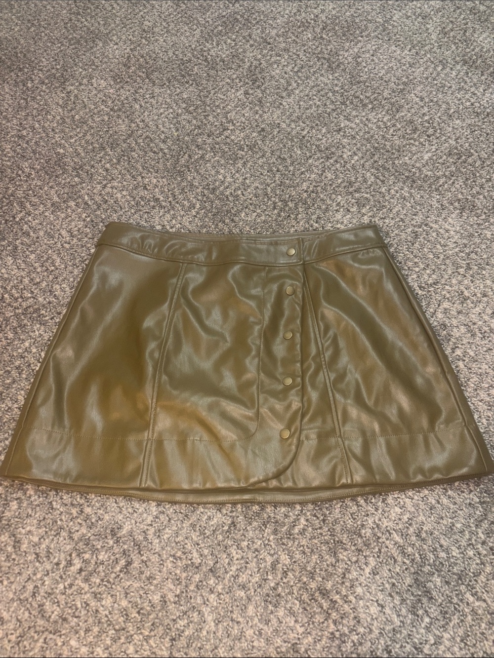 Faux Leather Olive Mini Skirt with Front Snap Detail